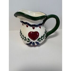 CBK LTD 1998 Vintage Ceramic Heart Vine Pitcher Creamer Green Red Folk Art Decor